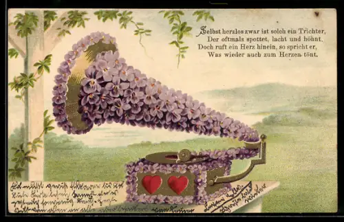 Präge-AK Grammophon aus lilanen Blüten mit Herzen