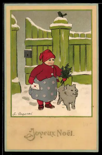 Künstler-AK Gertrud Caspari: Kleine Gratulantin mit Hund an der Gartenpforte