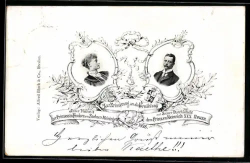 AK Hochzeit des Prinzen Heinrich XXX Reuss mit Prinzessin Feodora von Sachsen-Meiningen