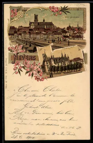 Lithographie Nevers, Palais ducal, Vue générale
