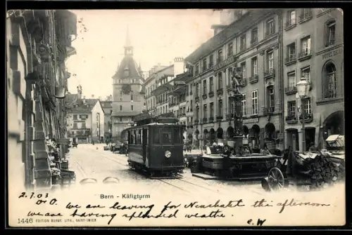 AK Bern, Strassenbahn am Käfigturm, Hotel