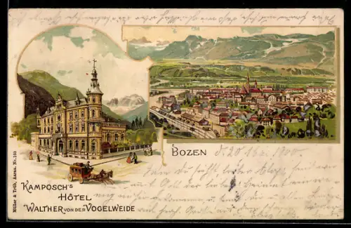 Lithographie Bozen, Kamposch`s Hotel Walther von der Vogelweide, Totalansicht