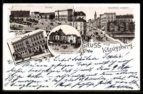 Lithographie Königsberg, Bahnhöfe, Schlossteich mit Burgkirche, Landeshaus, Kneiphöfische Langgasse