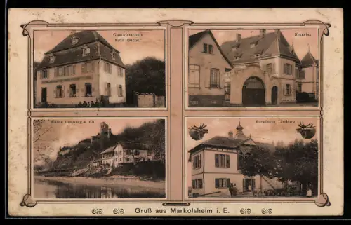 AK Markolsheim i. E., Gasthaus Emil Bucher, Notariat, Forsthaus Limburg, Ruine Limburg a. Rh.