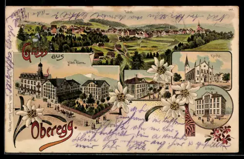 Lithographie Oberegg, Hotel Bären, Totalansicht, Kirche, Schule