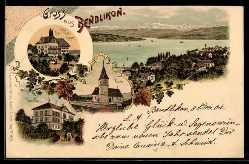 Lithographie Bendlikon, Villa Cour. Ferd. Meyer, Kirche, Schulhaus