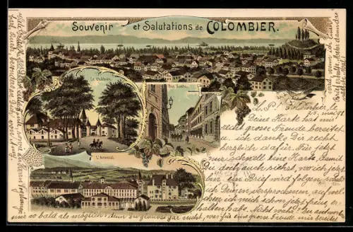 Lithographie Colombier, Le Chateau, l`Arsenal, Rue Haute