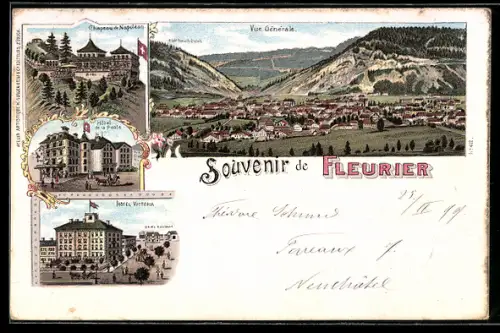 Lithographie Fleurier, Hotel Victoria, Hotel de la Poste, Totalansicht aus der Vogelschau