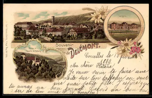 Lithographie Delémont, La gare, Totalansicht