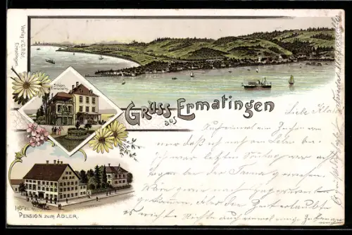 Lithographie Ermatingen, Gesamtansicht, Schloss Arenaberg, Hotel und Pension zum Adler