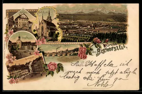 Lithographie Bischofszell, Ortsansicht, Stiftskirche, Thurbrücke mit Thurbad, Grubplatz und Ober-Thurm