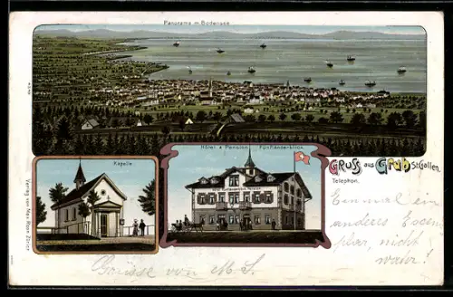 Lithographie Grub, Hotel & Pension Fünfländerblick, Kapelle, Panorama m. Bodensee