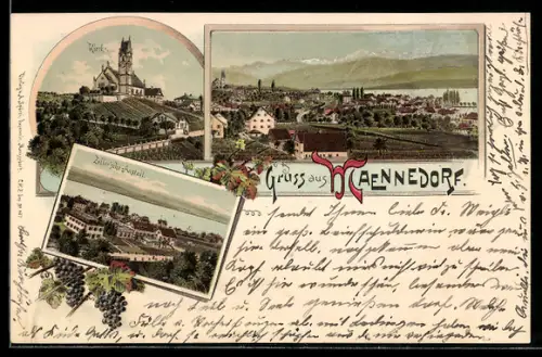 Lithographie Maennedorf, Totalansicht, Kirche, Zeller'sche Anstalt