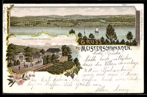 Lithographie Meisterschwanden, Wasserheilanstalt Brestenberg, Blick auf den See