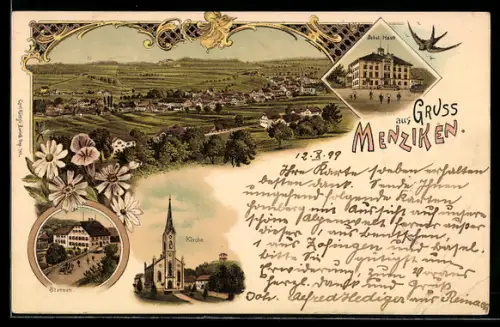 Lithographie Menziken, Gasthaus Sternen, Kirche, Schulhaus