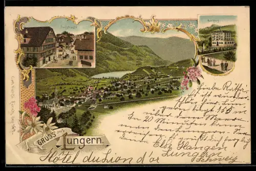 Lithographie Lungern, Totalansicht, Dorfstrasse, Kurhaus
