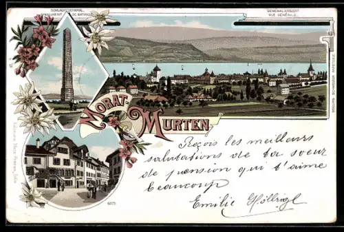 Lithographie Morat-Murten, Gesamtansicht, Schlachtdenkmal, Ortspartie mit Häusern