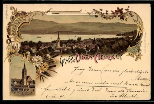 Lithographie Ober-Aegeri, Kirche und Gesamtansicht aus der Vogelschau