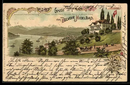 Lithographie Nidelbad, Belvoir mit Alpenpanorama