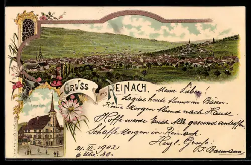 Lithographie Reinach, Gasthaus Schneggsn, Panoramablick auf den Ort
