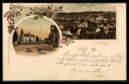Lithographie Rüti, Dorfplatz, Ortsansicht aus der Vogelschau
