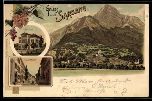 Lithographie Sargans, Totalansicht, Hotel Thoma, Hauptstrasse