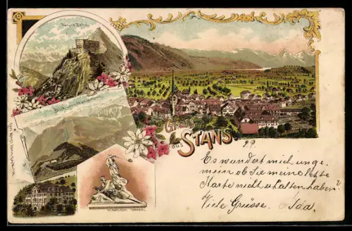 Lithographie Stans, Totalansicht aus der Vogelschau, Winkelried-Denkmal, Hotel & Bahn