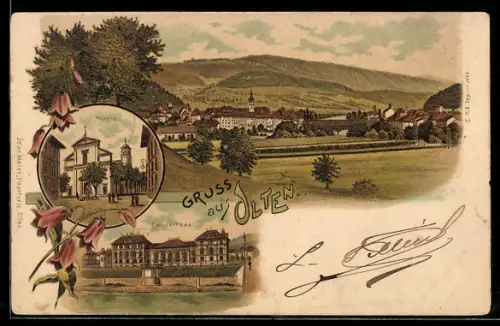 Lithographie Olten, Kirche, Konzertsaal, Totale des Ortes