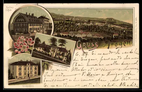 Lithographie Trogen, Kuranstalt Lindenbühl, Kantons Schule, Krankenhaus, Totalansicht