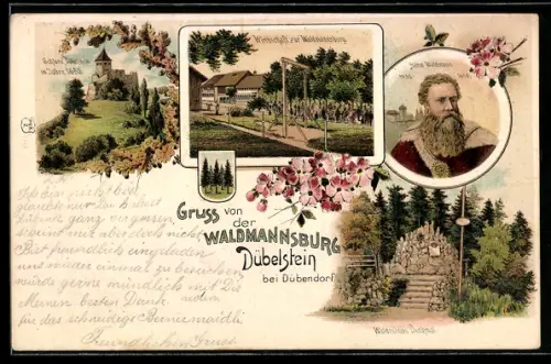 Lithographie Dübendorf, Schloss Dübelstein, Waldmannsdenkmal, Gasthaus zur Waldmannsburg