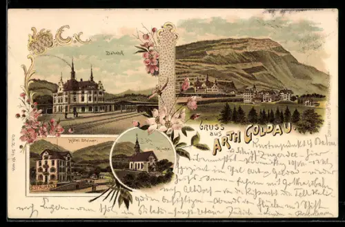Lithographie Arth Goldau, Bahnhof, Hotel Steiner, Totalansicht