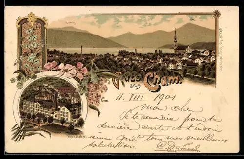 Lithographie Cham, Milchsiederei, Blick über den Ort
