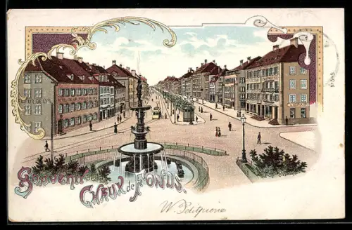 Lithographie Chaux de Fonds, Platz mit Hotel, Strassenbahn und Springbrunnen