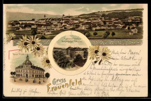 Lithographie Frauenfeld, Gesamtansicht, Neue Post, Kantons-Schule u. Regierungs-Gebäude