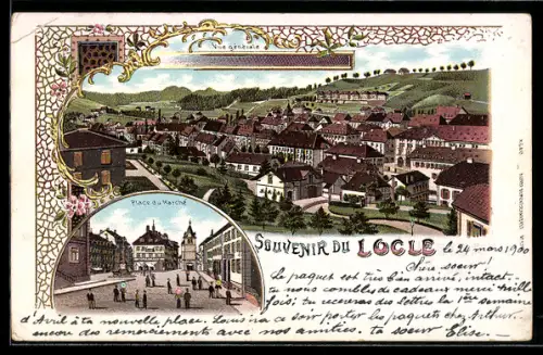 Lithographie Locle, Vue generale, Place du Marché