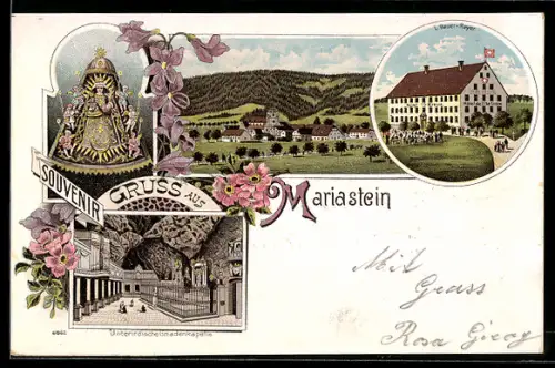 Lithographie Mariastein, Unterirdische Gnadenkapelle, Hotel de la Croix v. L. Bauer-Reyer