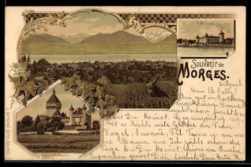 Lithographie Morges, L`Arsénal, Château de Vufflens, Gesamtansicht mit Umgebung