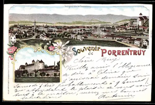 Lithographie Porrentruy, Panoramablick auf die Stadt