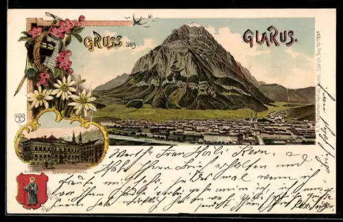 Lithographie Glarus, Regierungsgebäude, Gesamtansicht