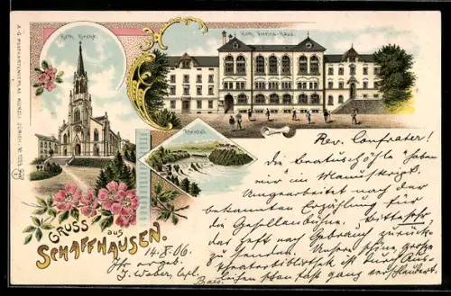 Lithographie Schaffhausen, Kath. Vereins-Haus, Kirche und Rheinfall