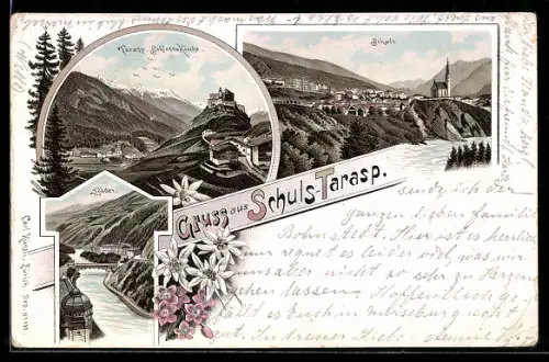Lithographie Schuls-Tarasp, Blick auf Schuls, Schloss und Kirche Tarasp, Bäder aus der Vogelschau