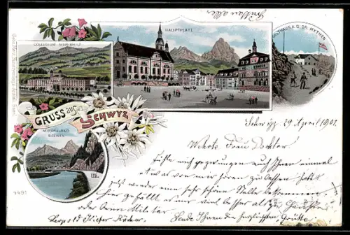 Lithographie Schwyz, Hauptplatz, Gasthaus a. d. Gr. Mythen, Collegium Mariahilf, Uferpartie