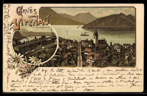 Lithographie Vitznau, Teilansicht mit Kirche, Schnurtobelbürcke