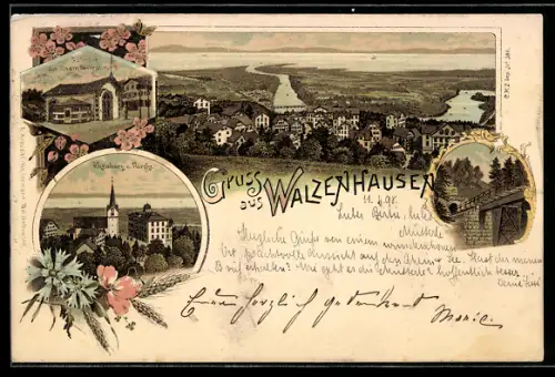 Lithographie Walzenhausen, Rheinburg und Kirche, Bahnhof zur Drahtseilbahn, Ortspanorama