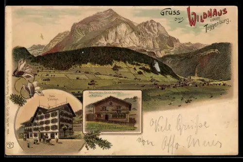 Lithographie Wildhaus, Totalansicht mit Gasthaus Ulrich Zwingli und Hotel Hirschen