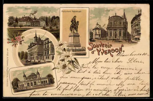 Lithographie Yverdon, Casino, Bains, Monument Pestalozzi, Eglise
