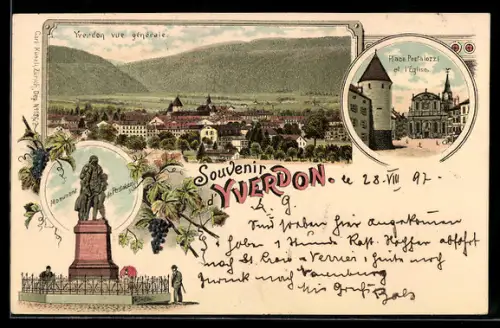 Lithographie Yverdon, Vue générale, Place Pestalozzi et l'eglise, Monument de Pestalozzi