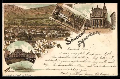 Lithographie Yverdon, Place Pestalozzi, Bains, Caserne