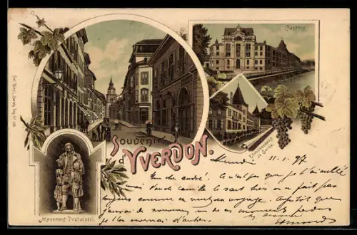 Lithographie Yverdon, Etablissement de Bains, Monument Pestalozzi, Caserne