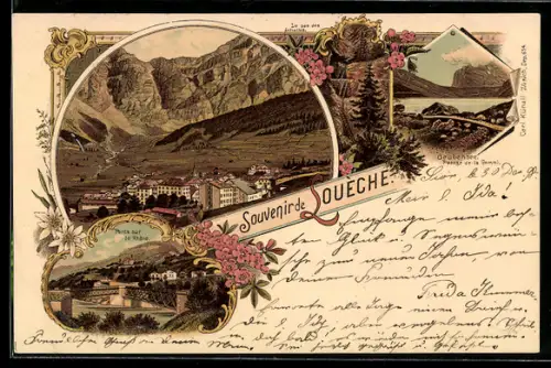 Lithographie Loueche, Totalansicht mit Rhone-Brücken und Gemmi-Passage